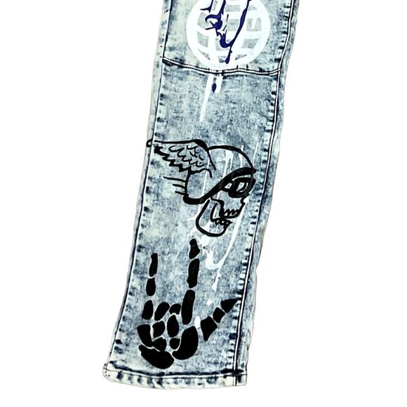 VTG Y2K REASON ACID WASH JEANS SZ 34 X 33 MOTO GRAPHIC PRINT ZIPPER POCKET MENS - Picture 4 of 8